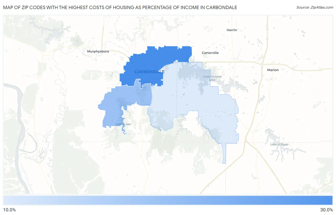 Zip Codes with the Highest Costs of Housing as Percentage of Income in Carbondale Map