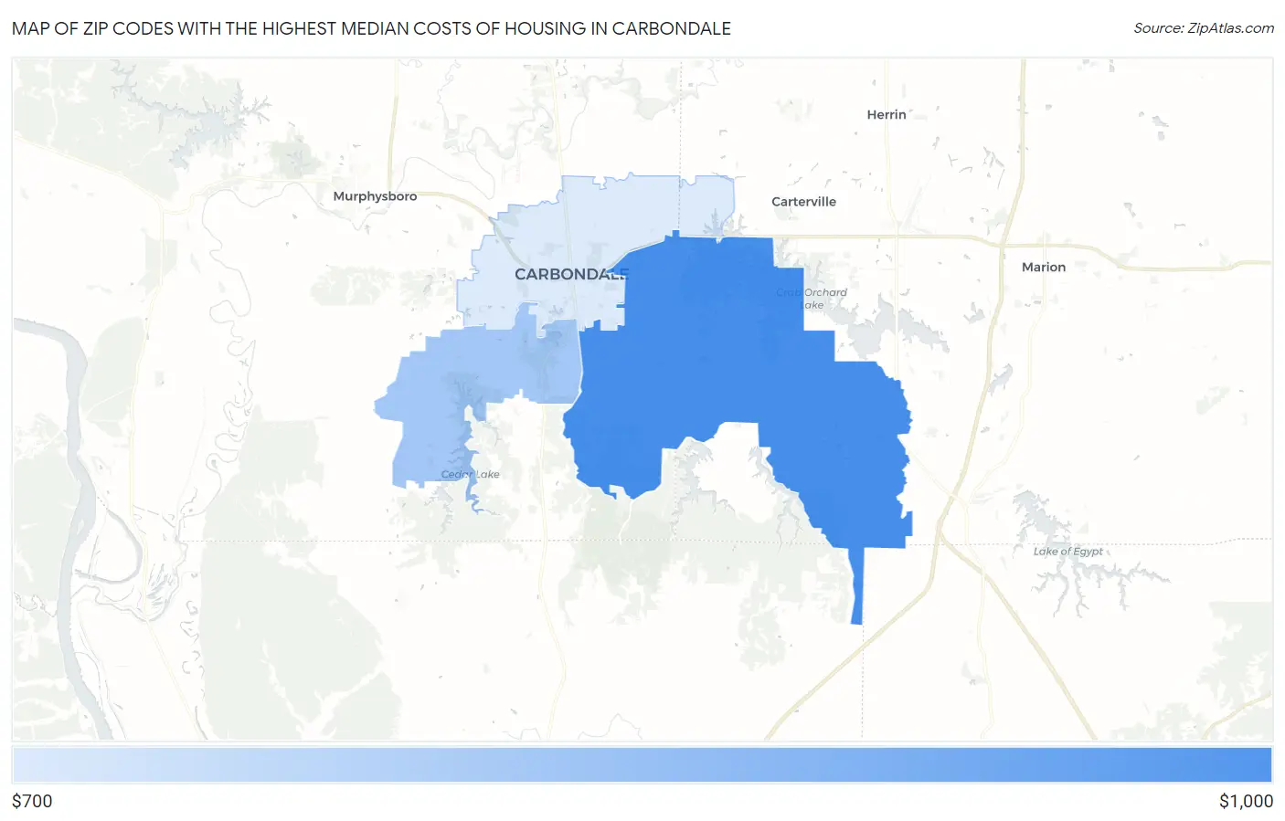 Zip Codes with the Highest Median Costs of Housing in Carbondale Map