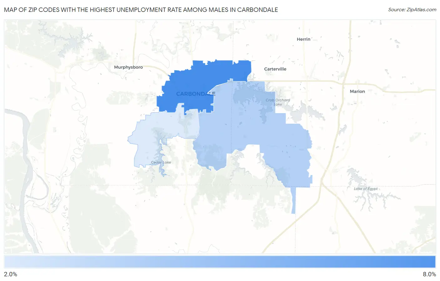 Zip Codes with the Highest Unemployment Rate Among Males in Carbondale Map