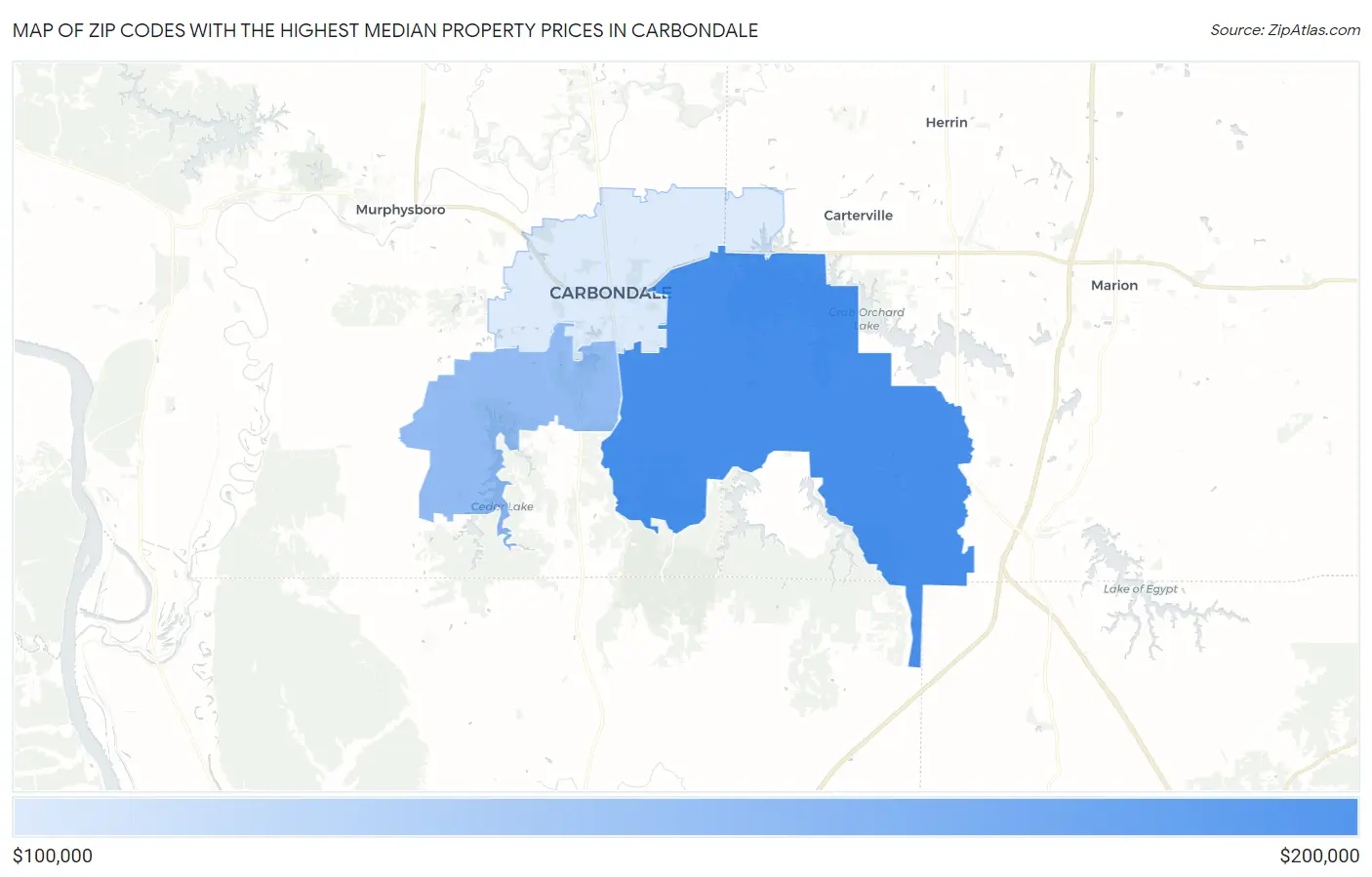 Zip Codes with the Highest Median Property Prices in Carbondale Map