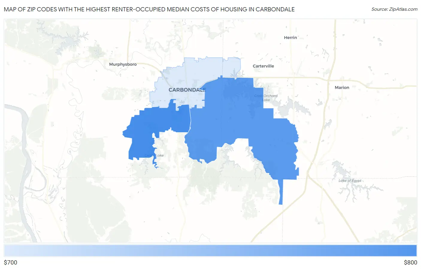 Zip Codes with the Highest Renter-Occupied Median Costs of Housing in Carbondale Map