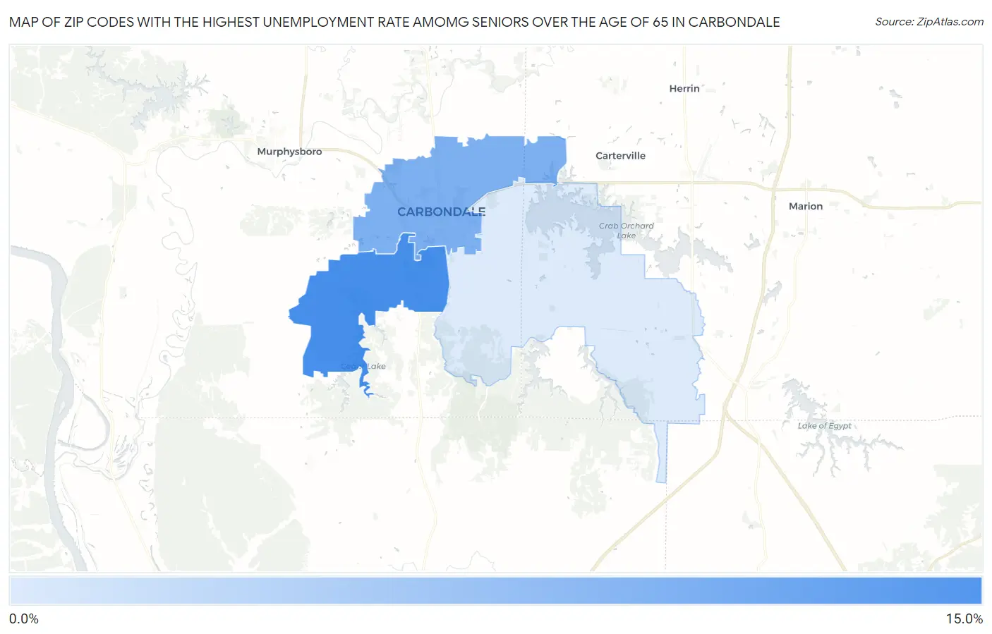 Zip Codes with the Highest Unemployment Rate Amomg Seniors Over the Age of 65 in Carbondale Map