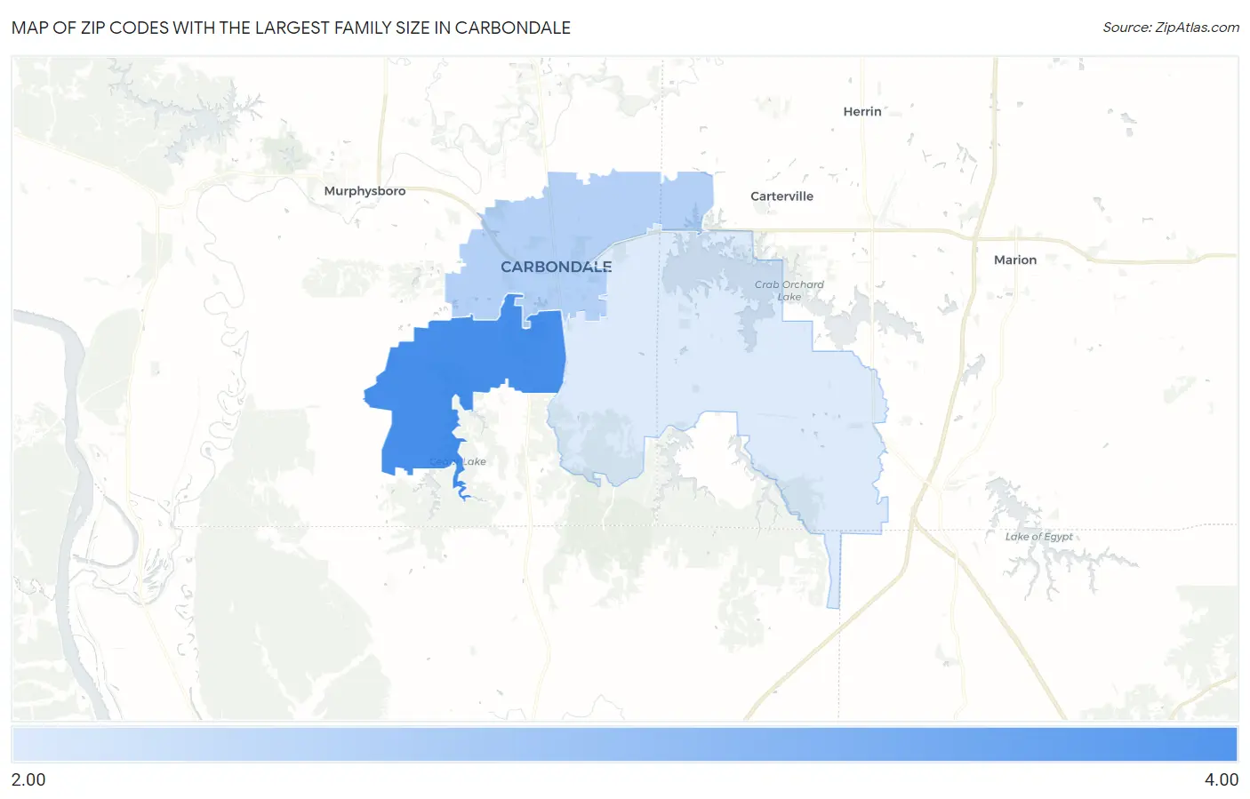 Zip Codes with the Largest Family Size in Carbondale Map