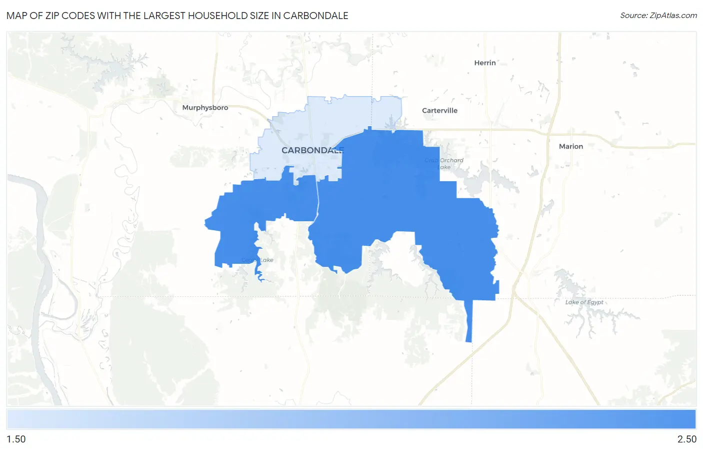 Zip Codes with the Largest Household Size in Carbondale Map