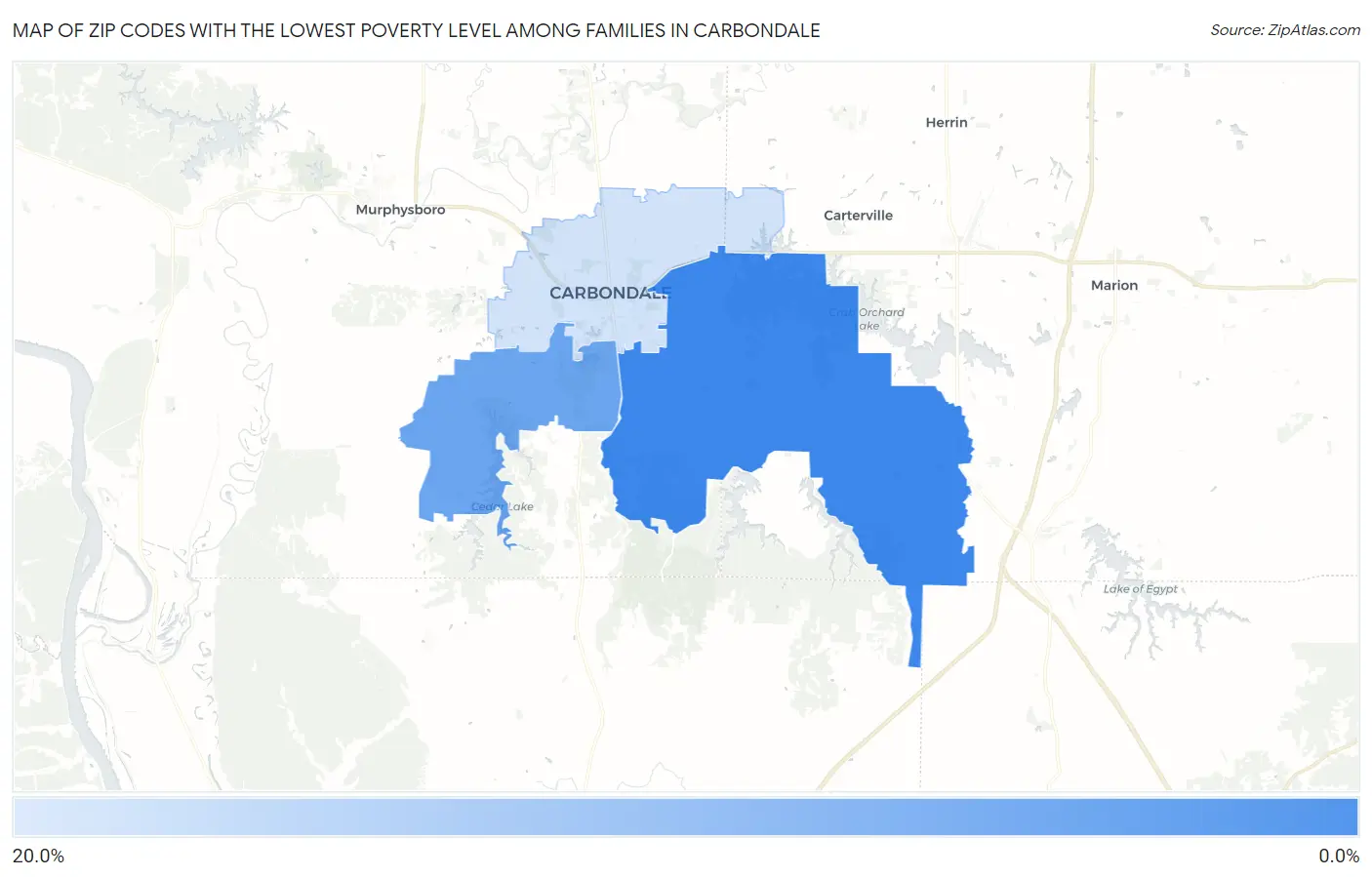 Zip Codes with the Lowest Poverty Level Among Families in Carbondale Map
