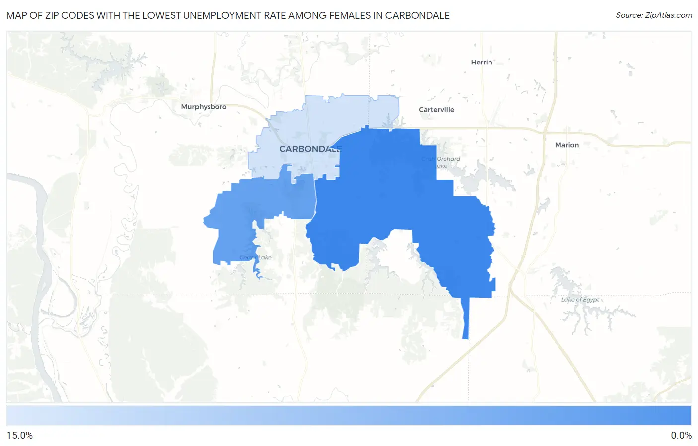 Zip Codes with the Lowest Unemployment Rate Among Females in Carbondale Map