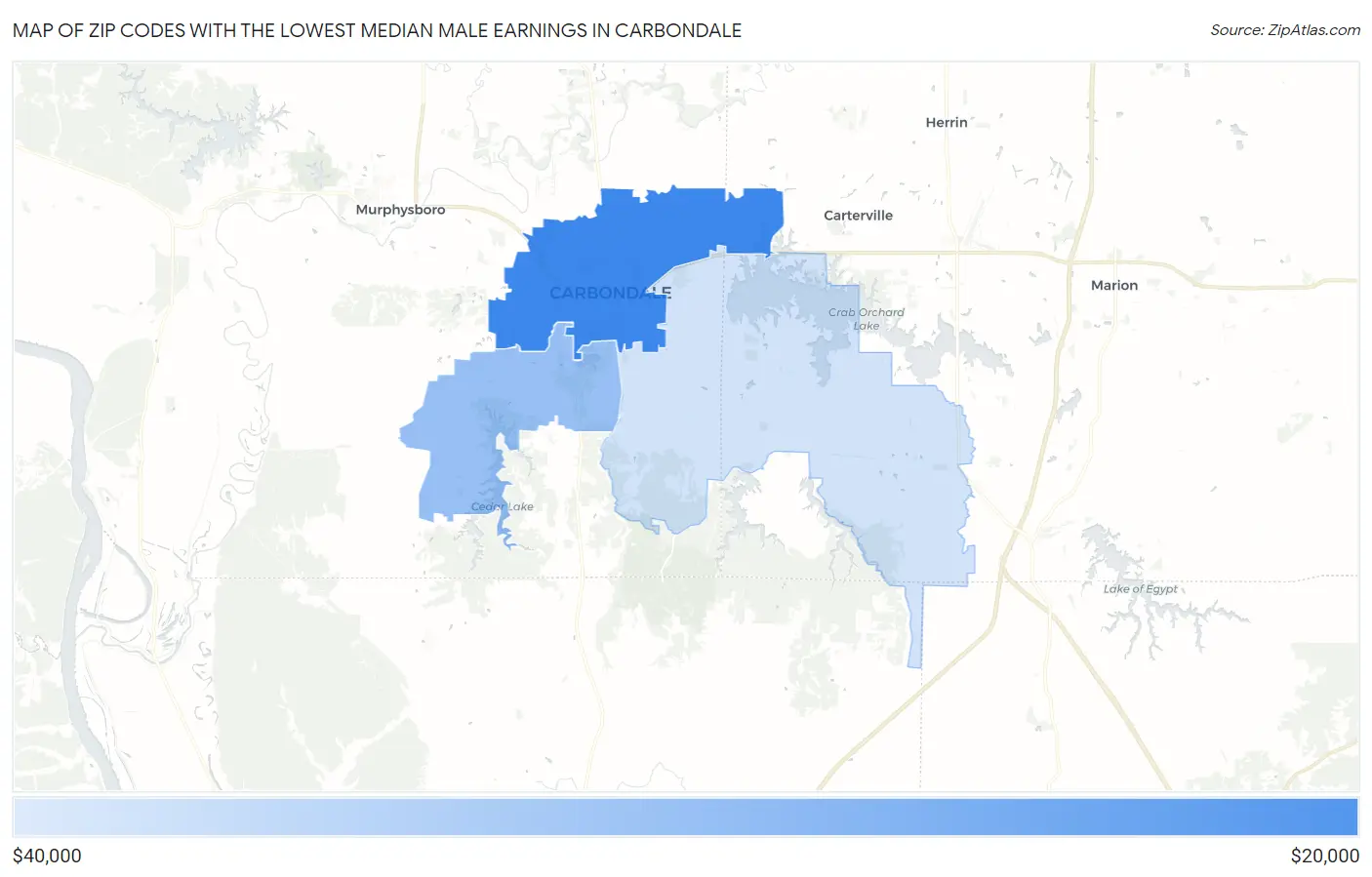 Zip Codes with the Lowest Median Male Earnings in Carbondale Map