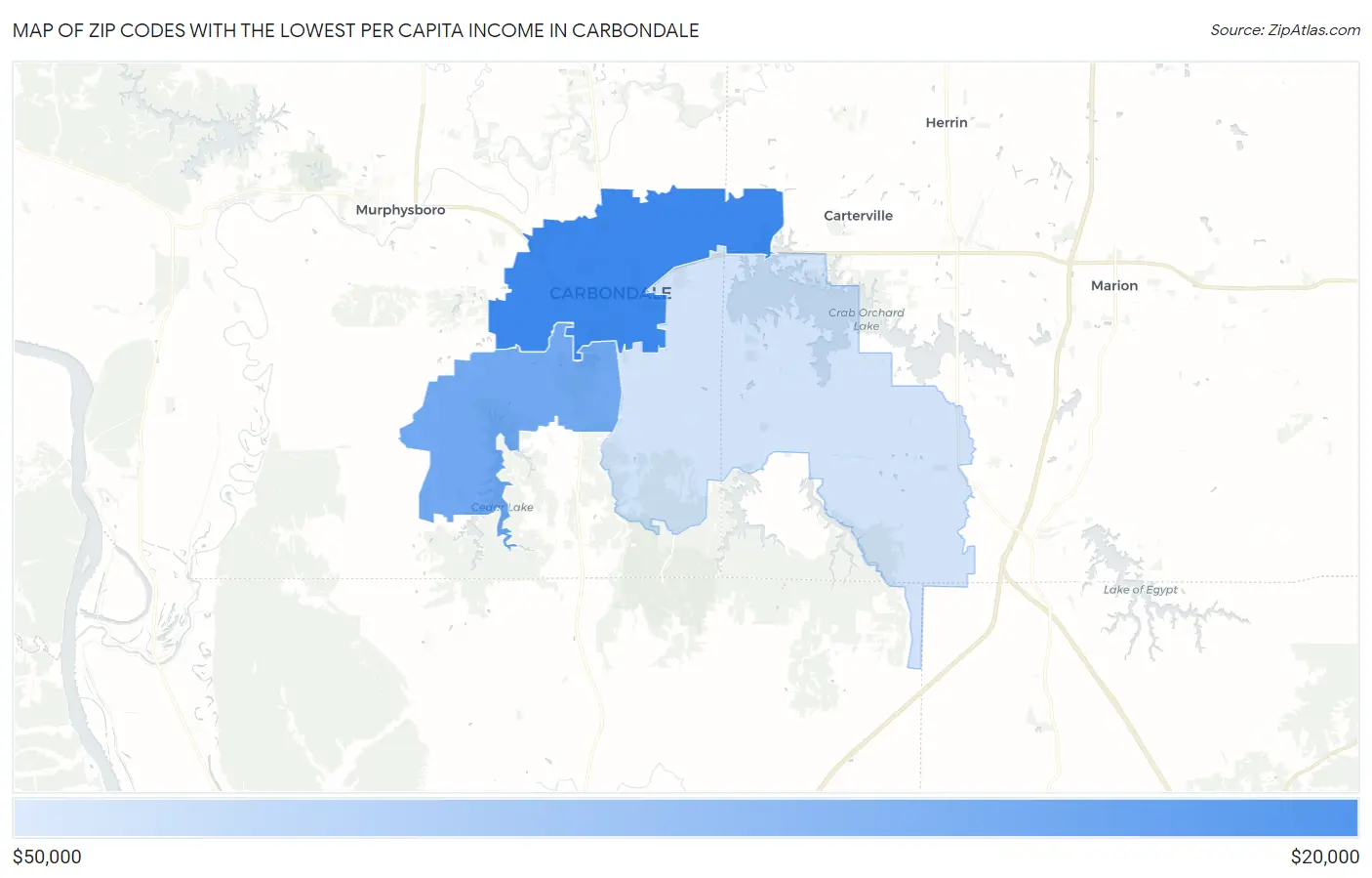 Zip Codes with the Lowest Per Capita Income in Carbondale Map