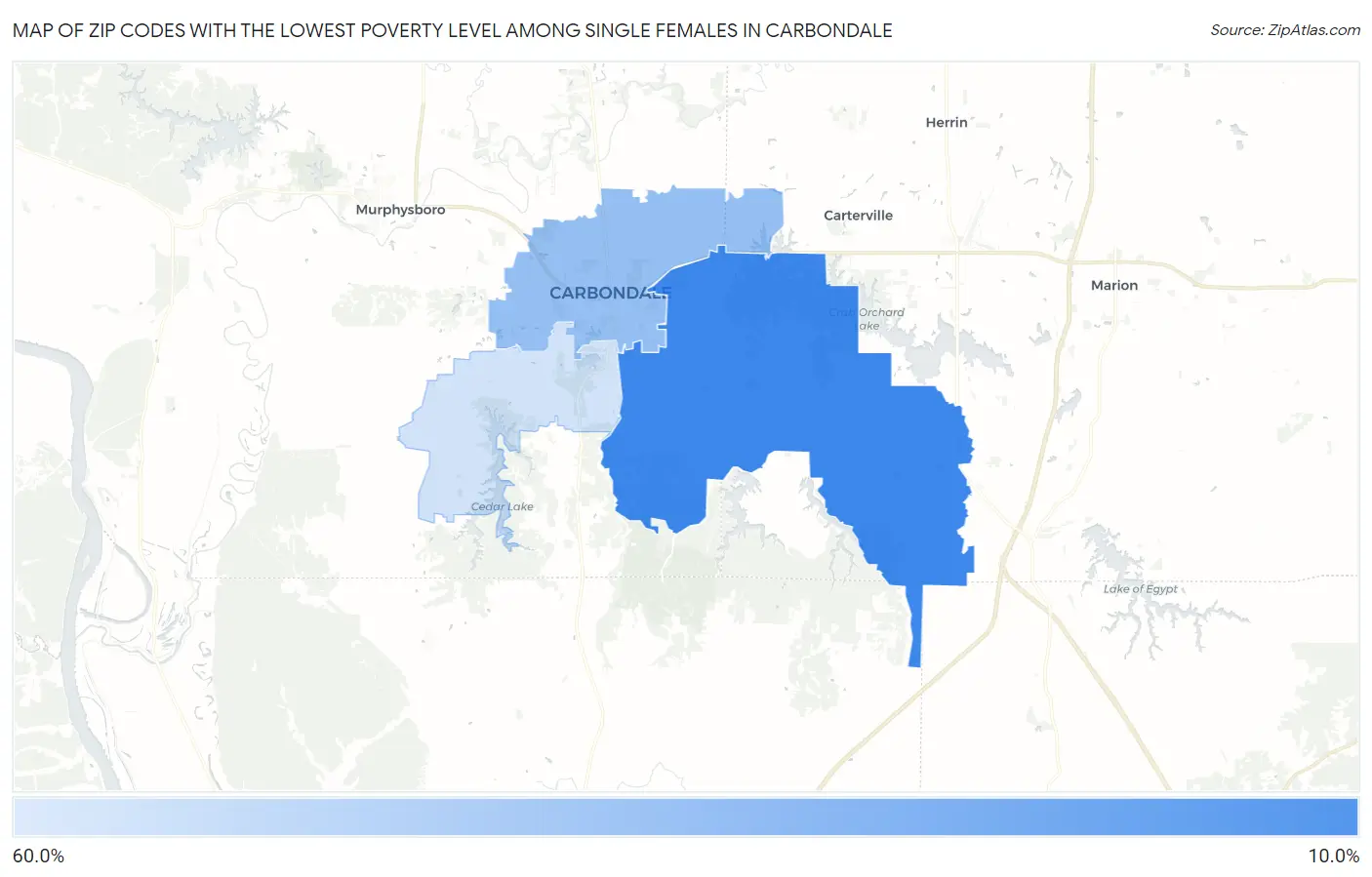 Zip Codes with the Lowest Poverty Level Among Single Females in Carbondale Map