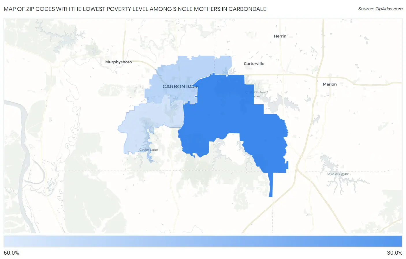 Zip Codes with the Lowest Poverty Level Among Single Mothers in Carbondale Map