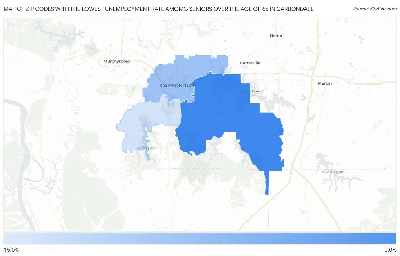 Zip Codes with the Lowest Unemployment Rate Amomg Seniors Over the Age of 65 in Carbondale Map