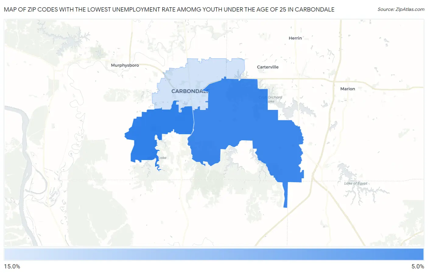 Zip Codes with the Lowest Unemployment Rate Amomg Youth Under the Age of 25 in Carbondale Map