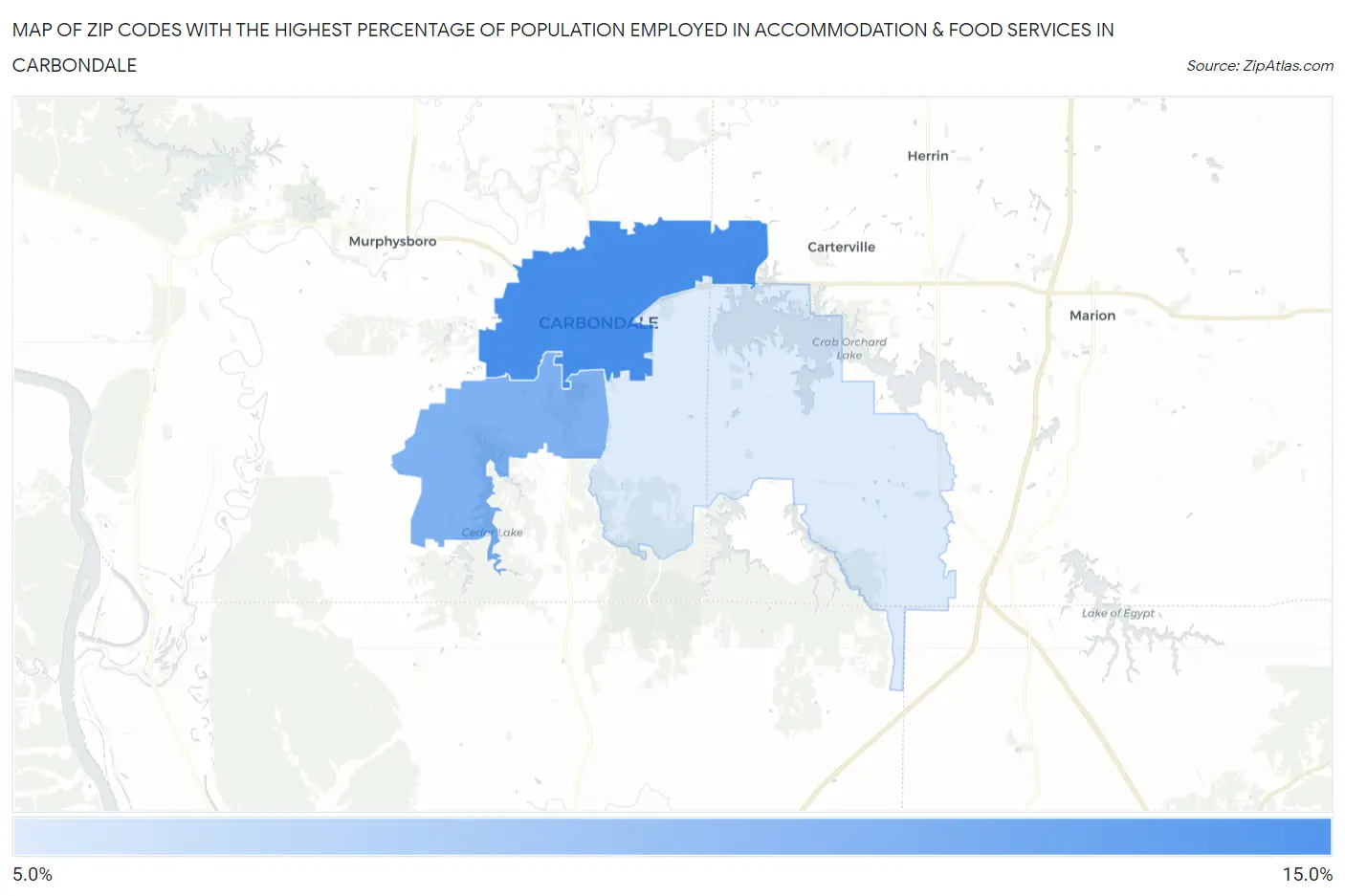 Zip Codes with the Highest Percentage of Population Employed in Accommodation & Food Services in Carbondale Map