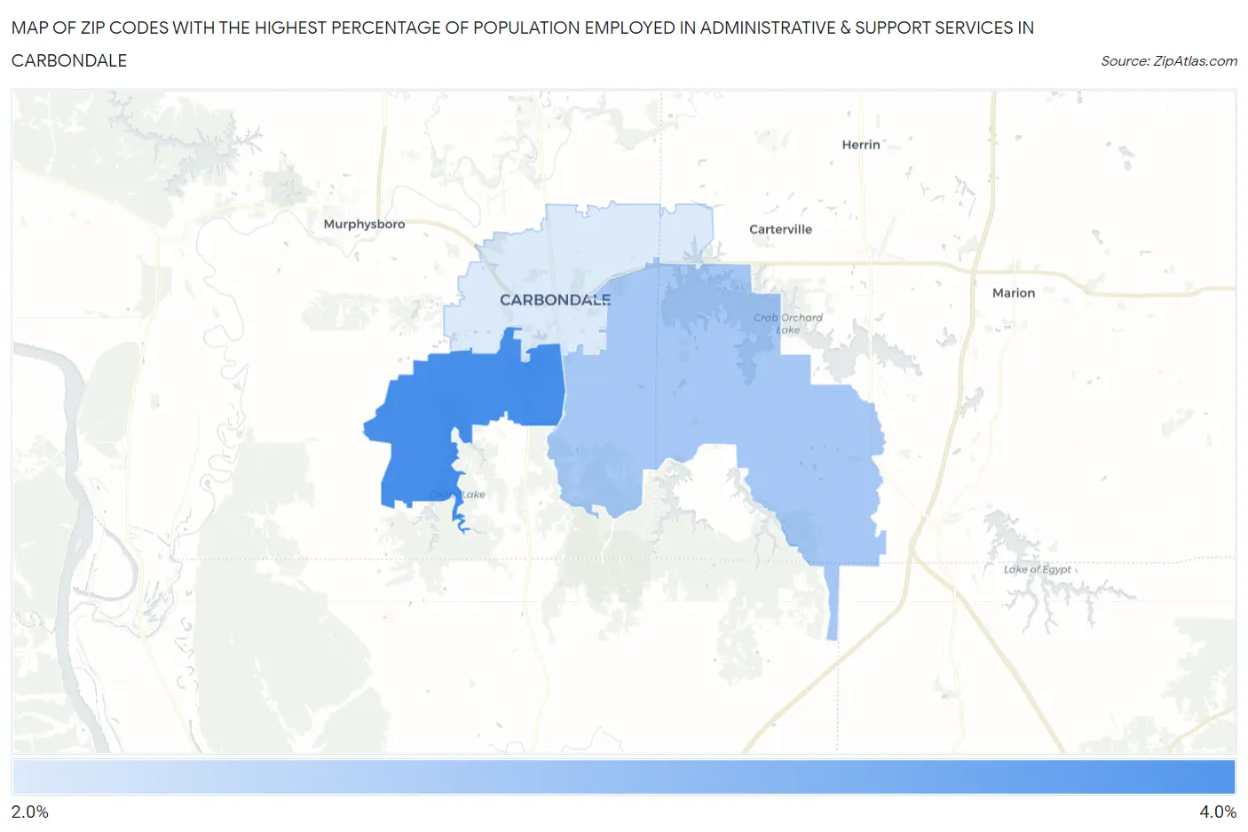 Zip Codes with the Highest Percentage of Population Employed in Administrative & Support Services in Carbondale Map