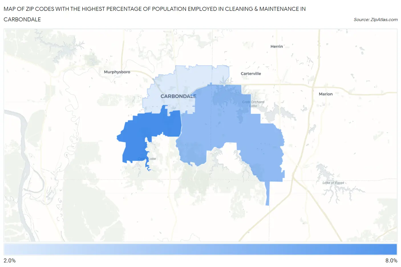 Zip Codes with the Highest Percentage of Population Employed in Cleaning & Maintenance in Carbondale Map