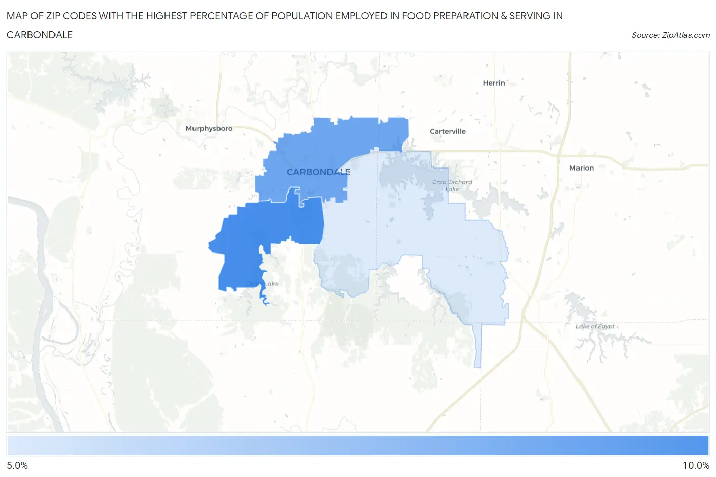 Zip Codes with the Highest Percentage of Population Employed in Food Preparation & Serving in Carbondale Map