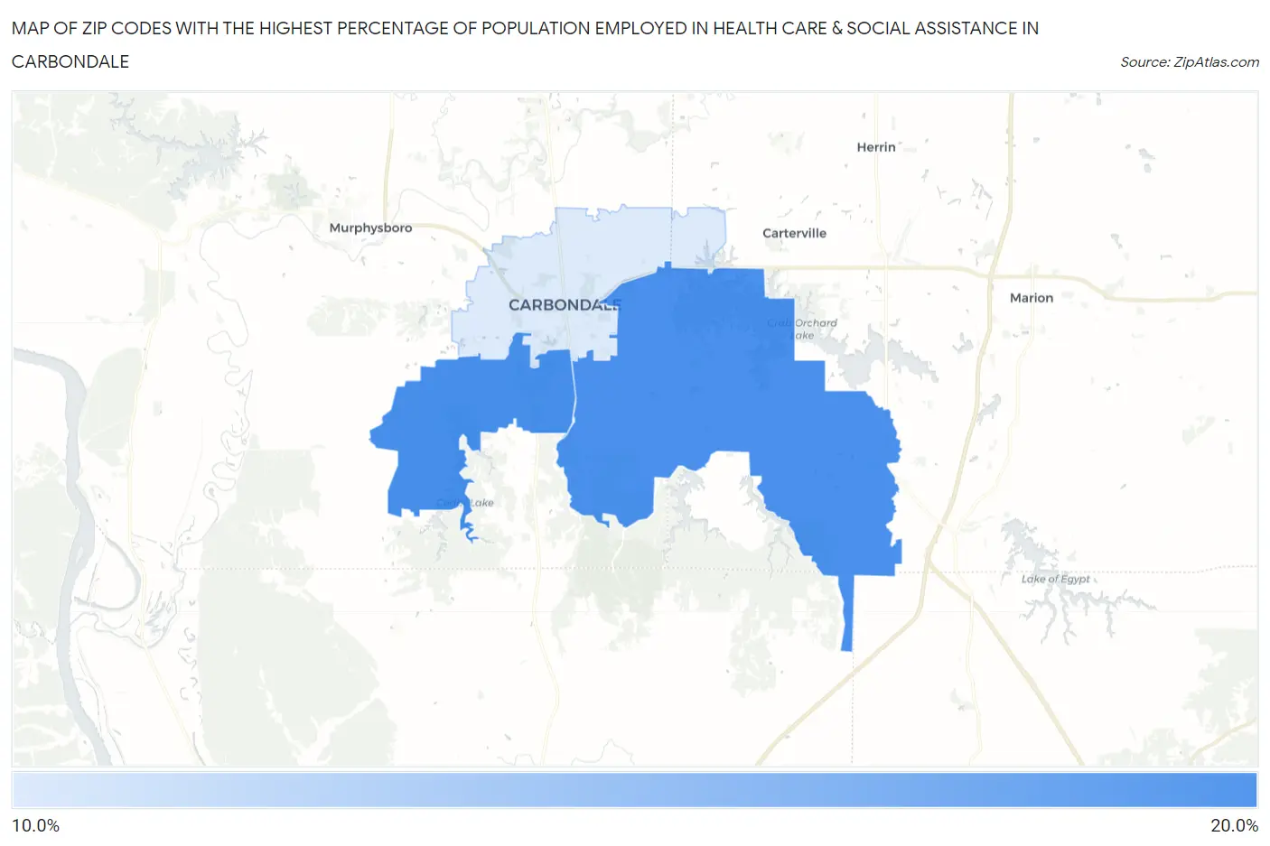 Zip Codes with the Highest Percentage of Population Employed in Health Care & Social Assistance in Carbondale Map