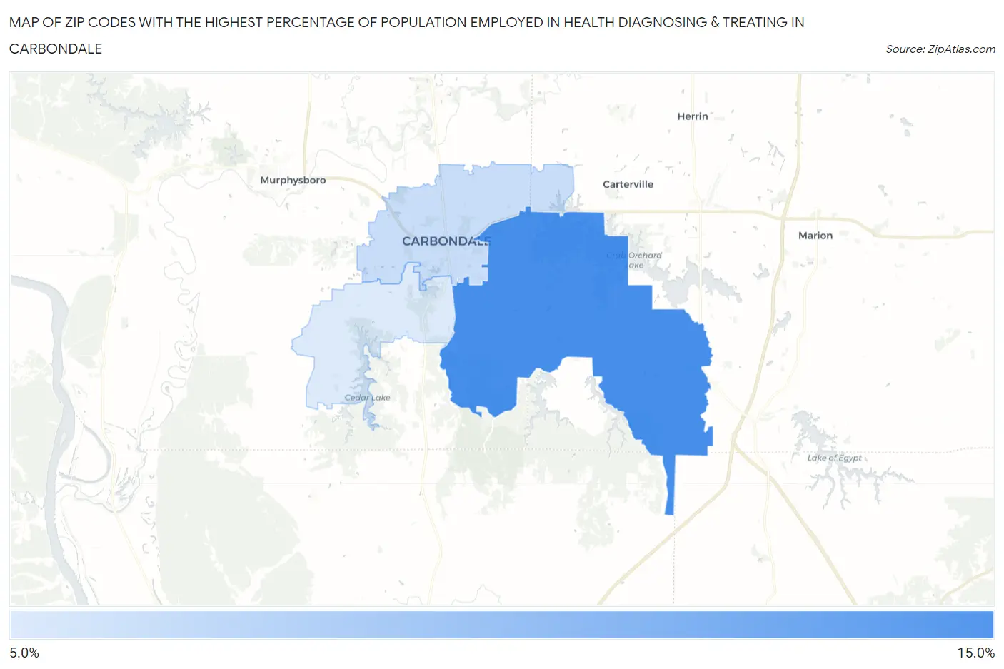 Zip Codes with the Highest Percentage of Population Employed in Health Diagnosing & Treating in Carbondale Map