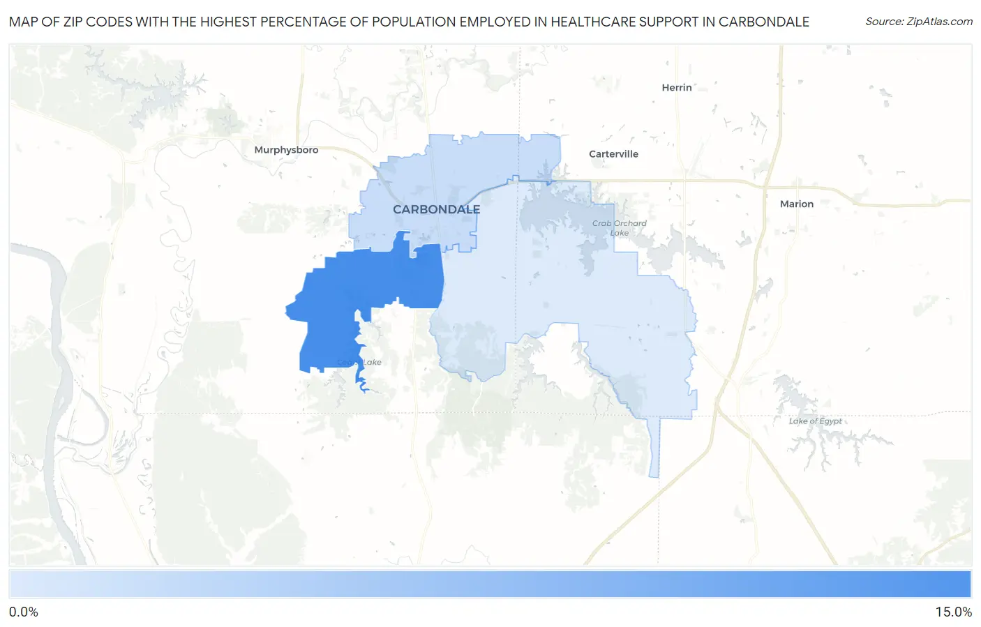 Zip Codes with the Highest Percentage of Population Employed in Healthcare Support in Carbondale Map