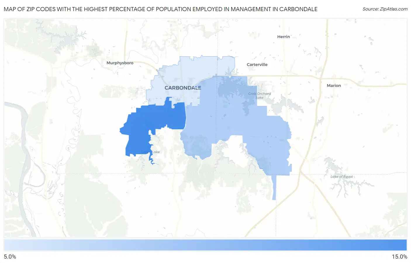 Zip Codes with the Highest Percentage of Population Employed in Management in Carbondale Map