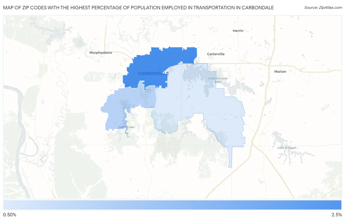 Zip Codes with the Highest Percentage of Population Employed in Transportation in Carbondale Map