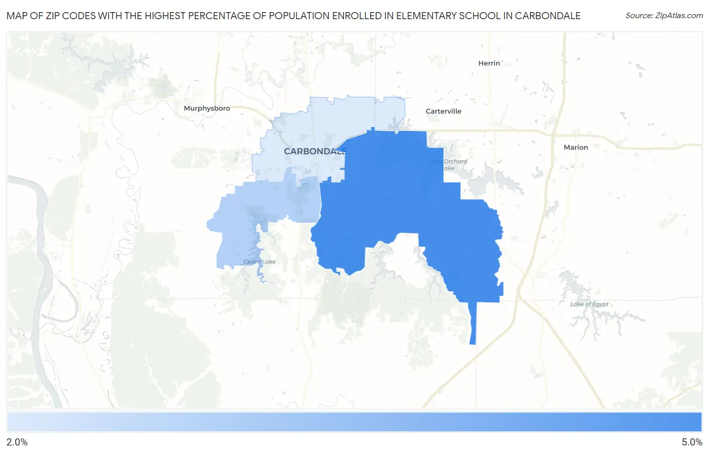 Zip Codes with the Highest Percentage of Population Enrolled in Elementary School in Carbondale Map