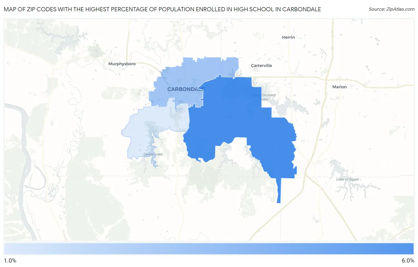 Zip Codes with the Highest Percentage of Population Enrolled in High School in Carbondale Map