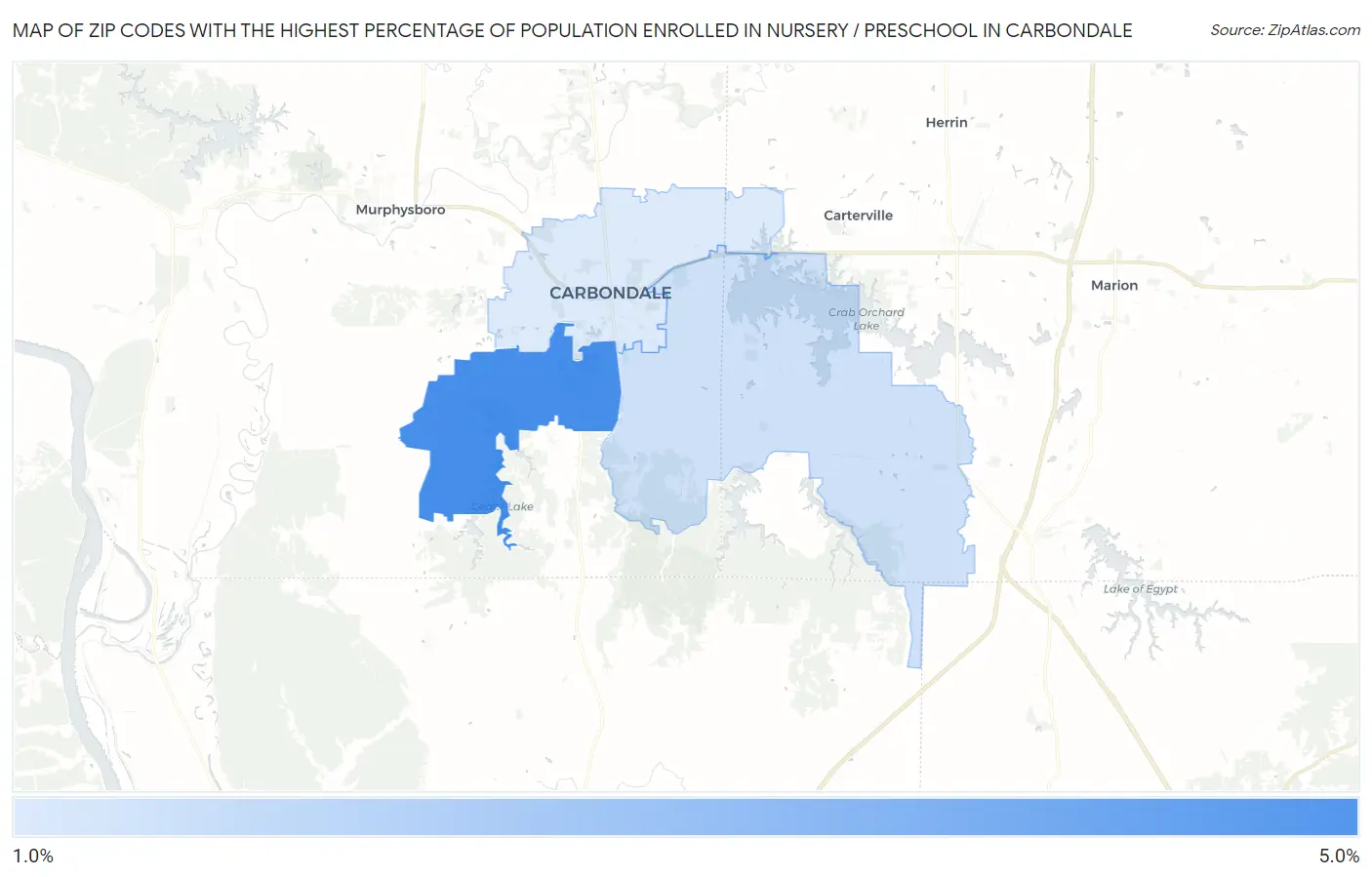 Zip Codes with the Highest Percentage of Population Enrolled in Nursery / Preschool in Carbondale Map