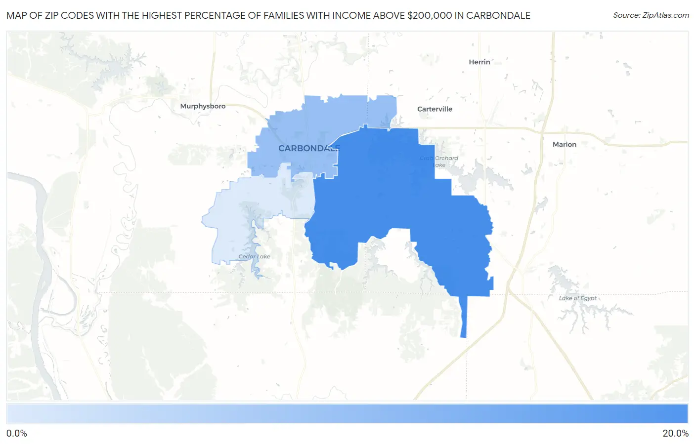 Zip Codes with the Highest Percentage of Families with Income Above $200,000 in Carbondale Map