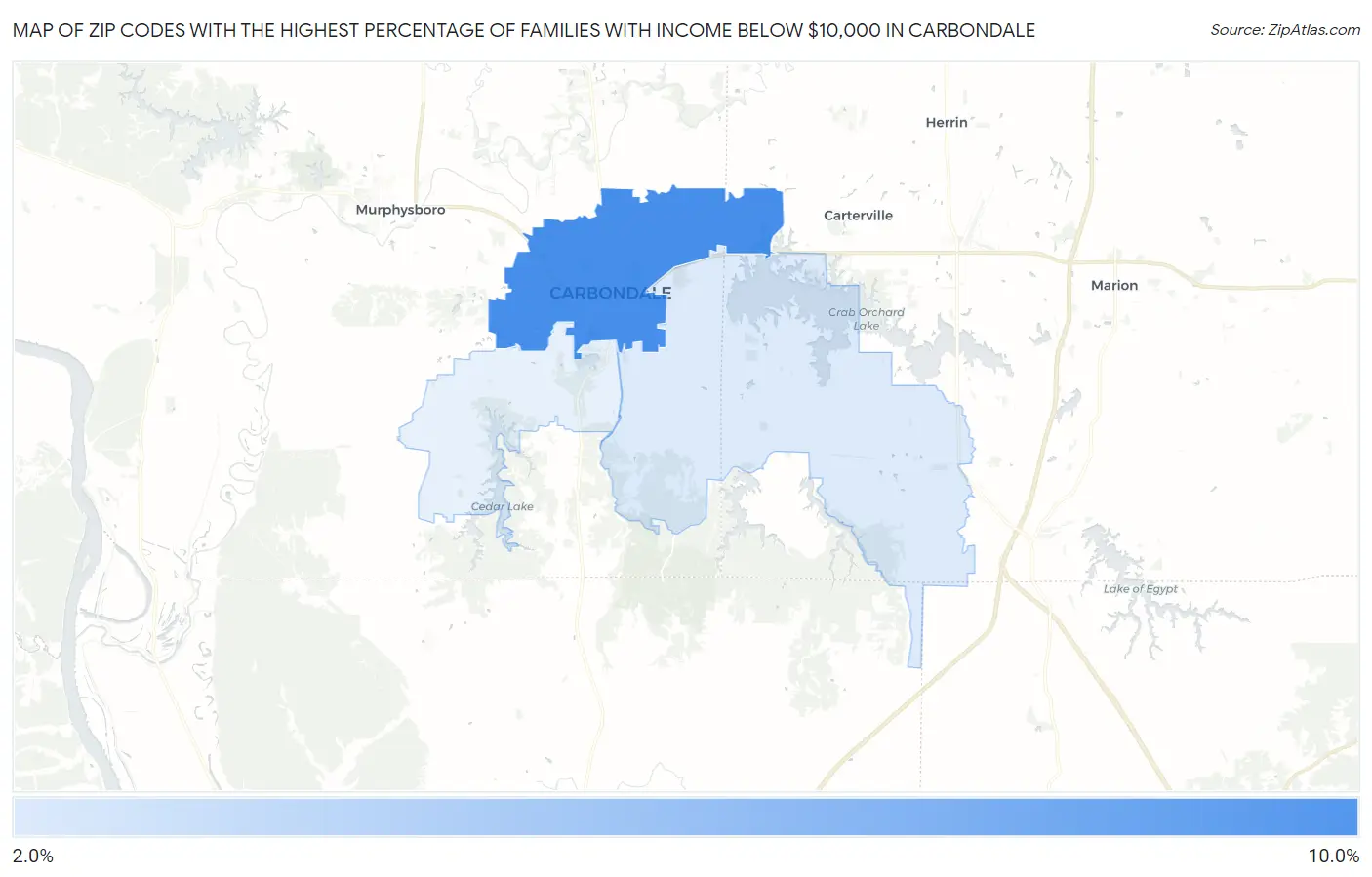 Zip Codes with the Highest Percentage of Families with Income Below $10,000 in Carbondale Map