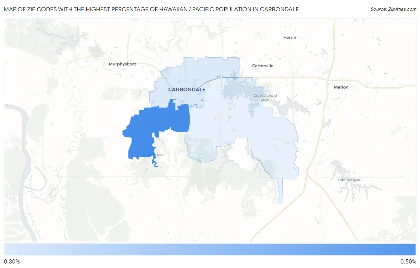 Zip Codes with the Highest Percentage of Hawaiian / Pacific Population in Carbondale Map