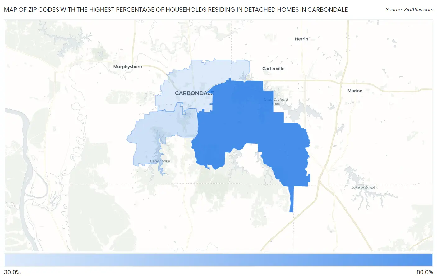Zip Codes with the Highest Percentage of Households Residing in Detached Homes in Carbondale Map