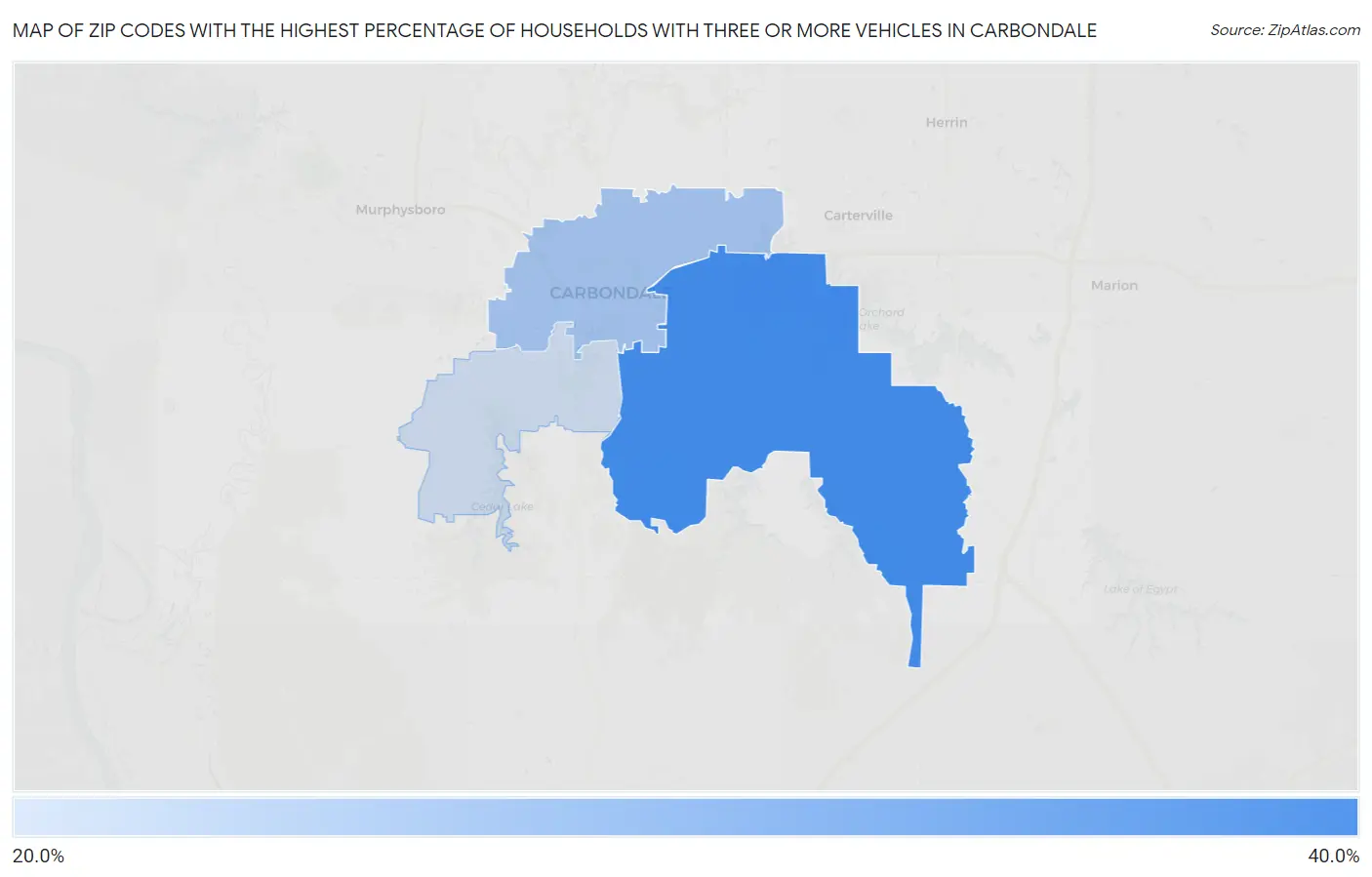 Zip Codes with the Highest Percentage of Households With Three or more Vehicles in Carbondale Map