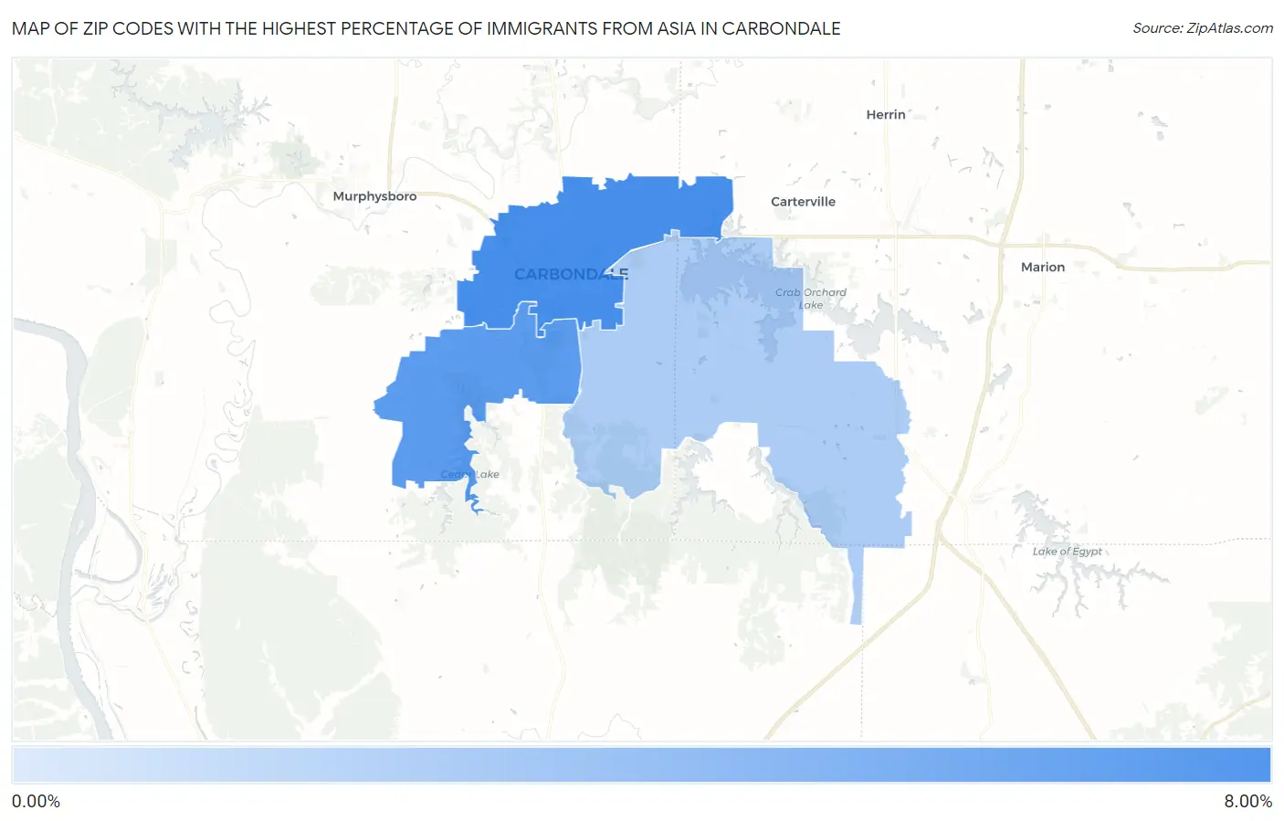 Zip Codes with the Highest Percentage of Immigrants from Asia in Carbondale Map