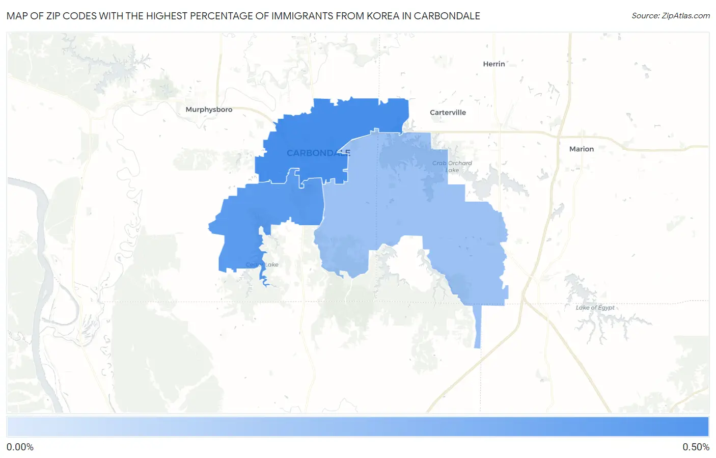 Zip Codes with the Highest Percentage of Immigrants from Korea in Carbondale Map