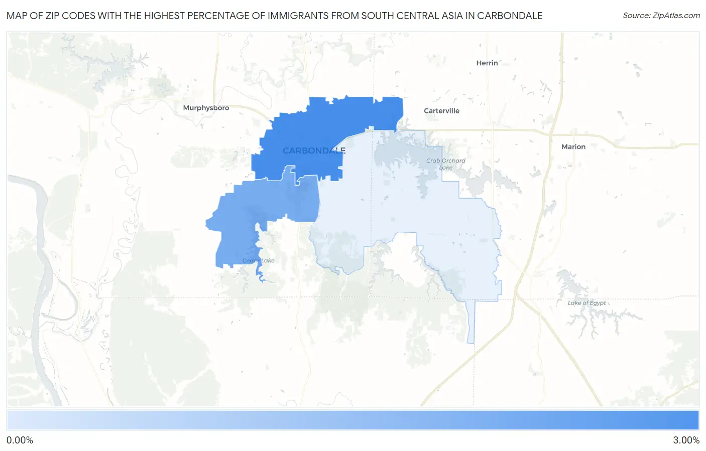 Zip Codes with the Highest Percentage of Immigrants from South Central Asia in Carbondale Map