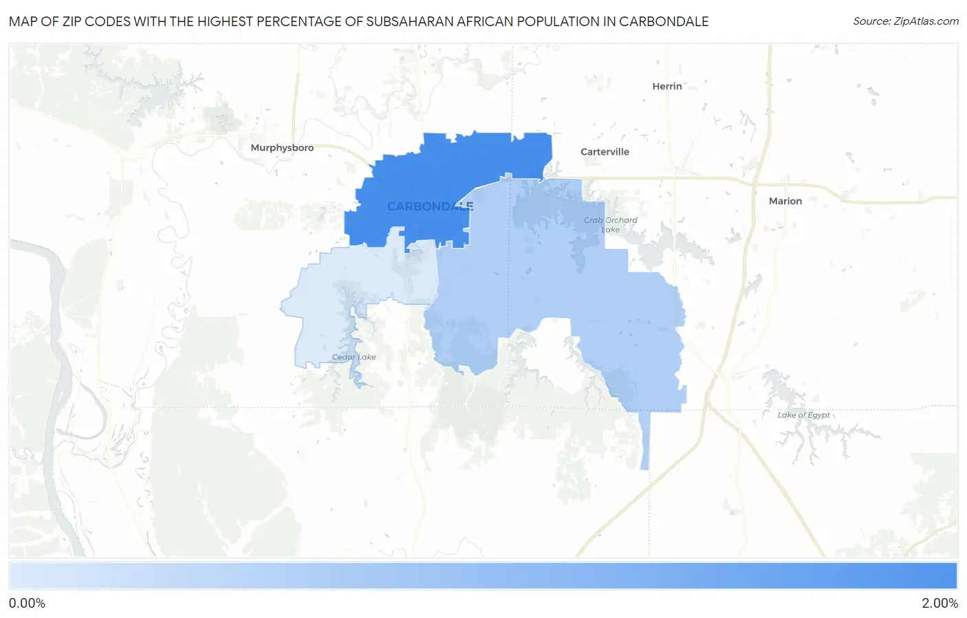 Zip Codes with the Highest Percentage of Subsaharan African Population in Carbondale Map
