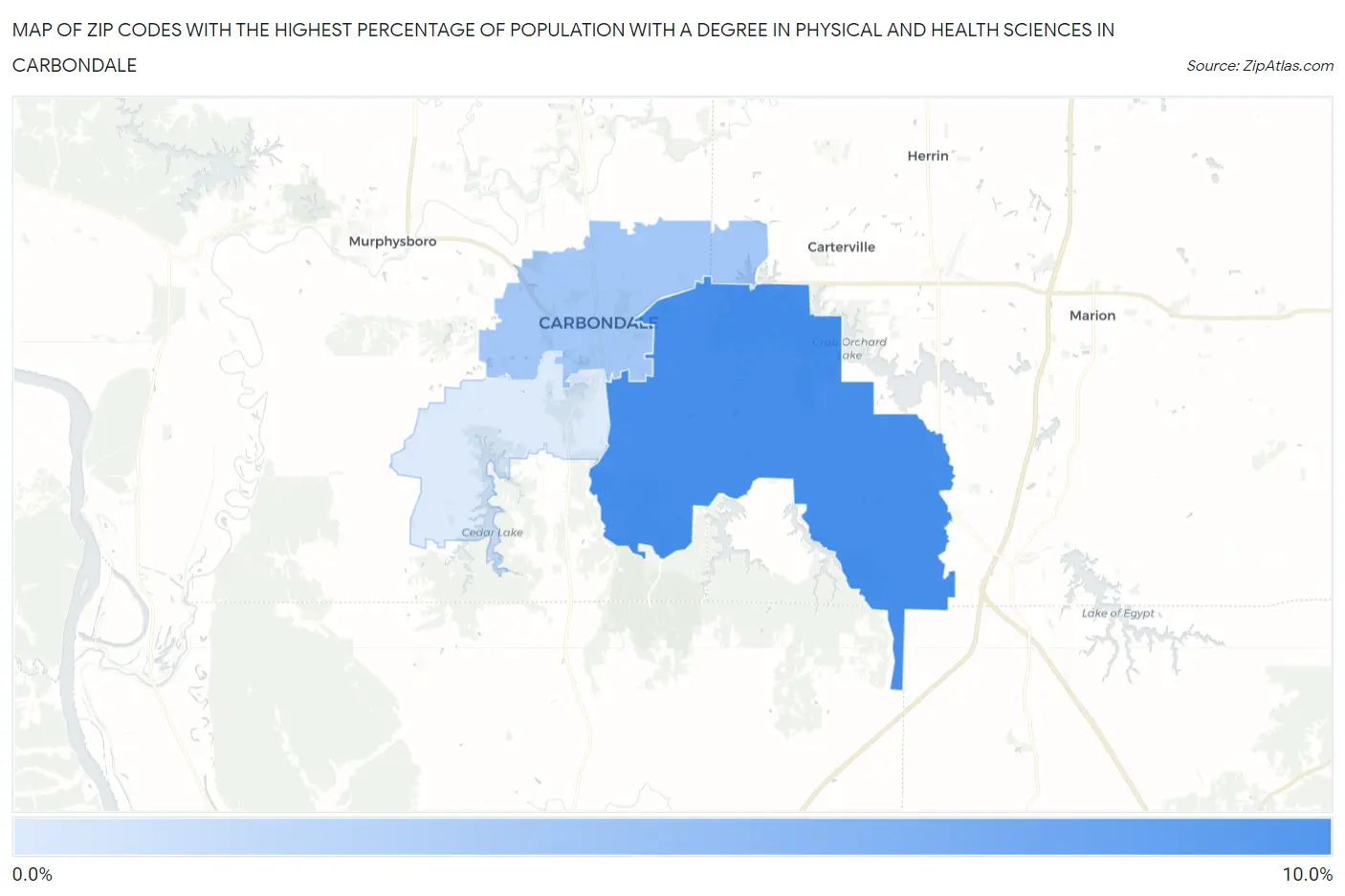 Zip Codes with the Highest Percentage of Population with a Degree in Physical and Health Sciences in Carbondale Map