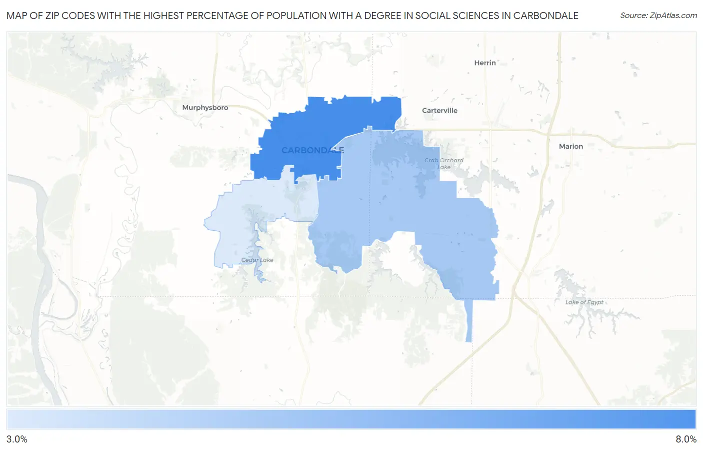 Zip Codes with the Highest Percentage of Population with a Degree in Social Sciences in Carbondale Map