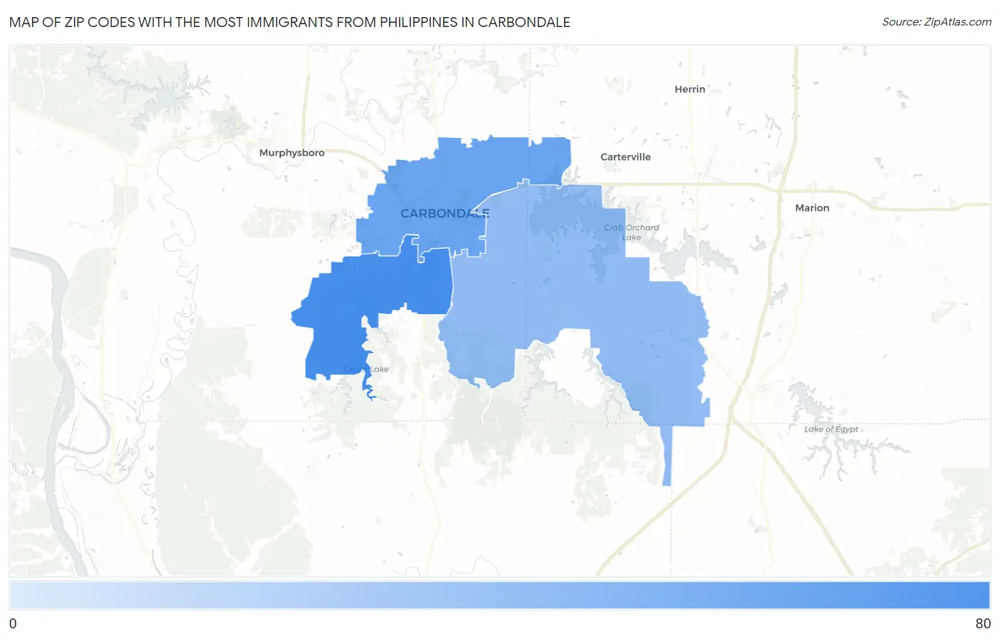 Zip Codes with the Most Immigrants from Philippines in Carbondale Map