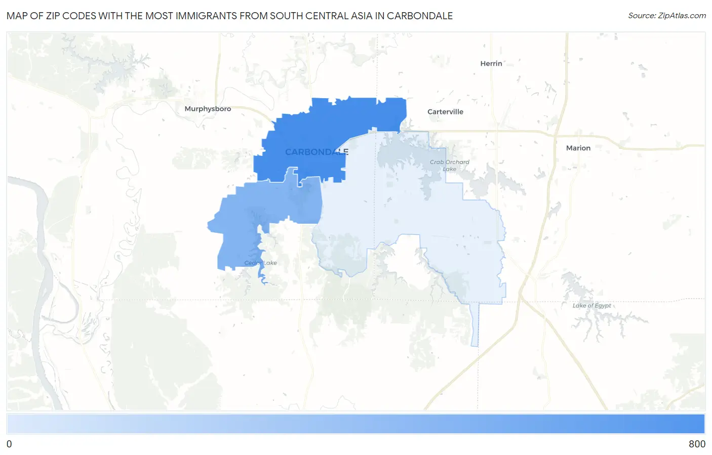 Zip Codes with the Most Immigrants from South Central Asia in Carbondale Map
