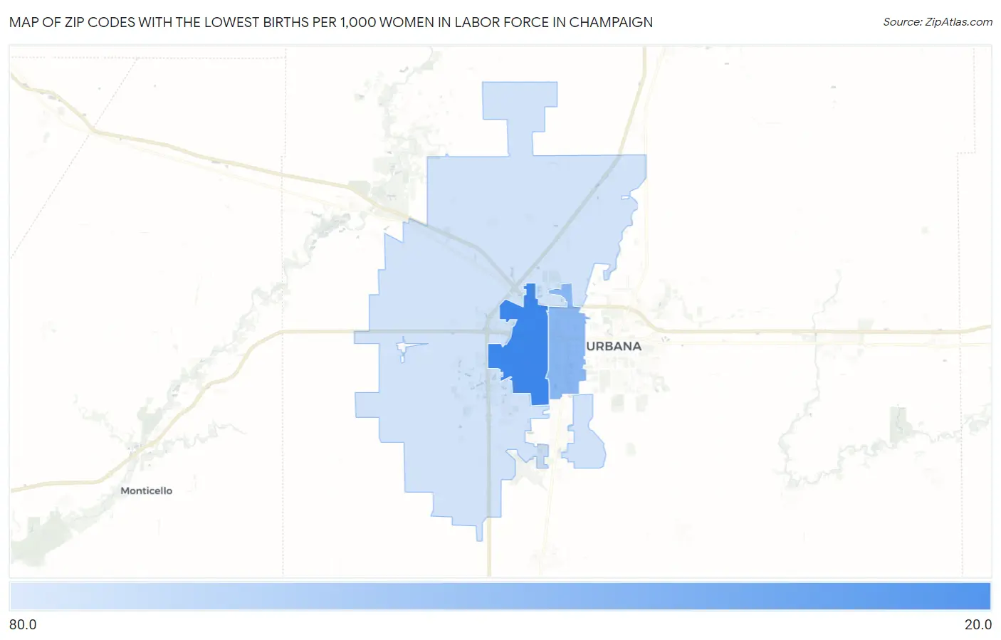 Zip Codes with the Lowest Births per 1,000 Women in Labor Force in Champaign Map