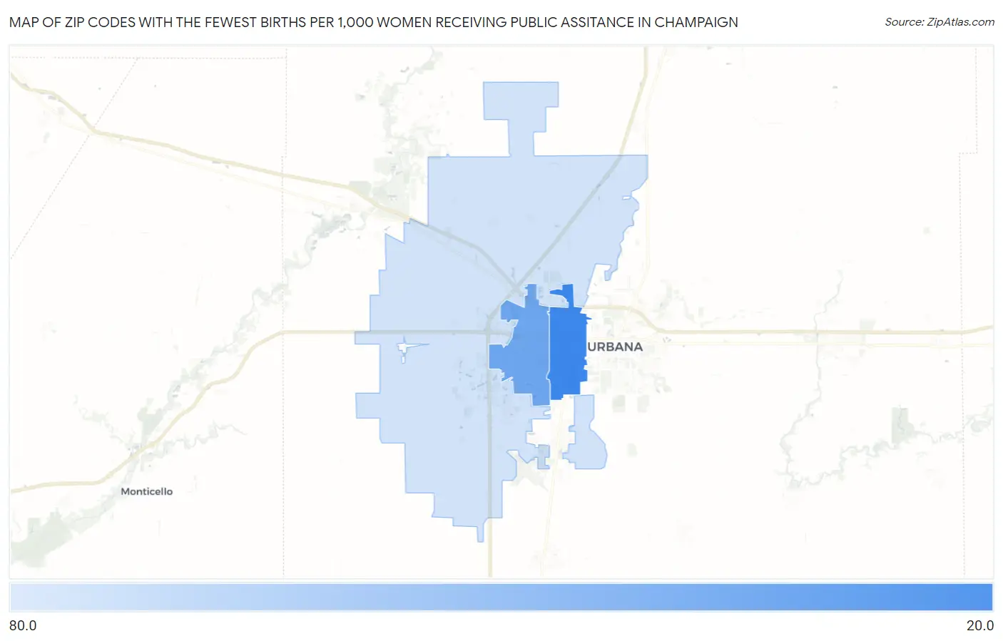 Zip Codes with the Fewest Births per 1,000 Women Receiving Public Assitance in Champaign Map