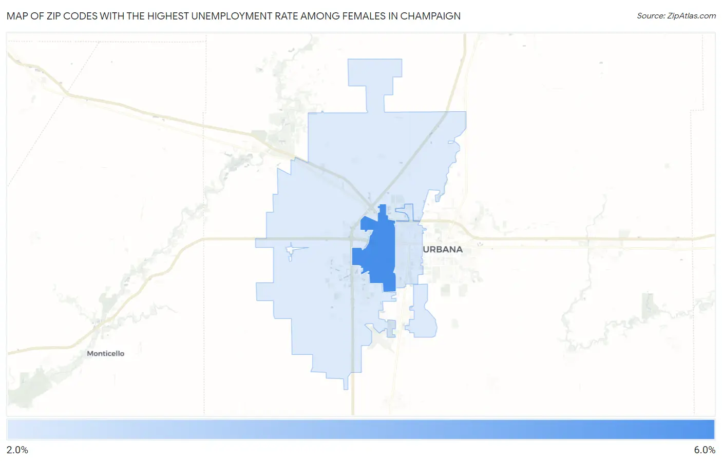 Zip Codes with the Highest Unemployment Rate Among Females in Champaign Map