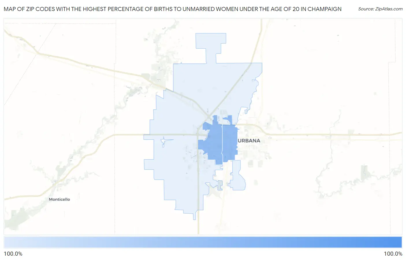 Zip Codes with the Highest Percentage of Births to Unmarried Women under the Age of 20 in Champaign Map