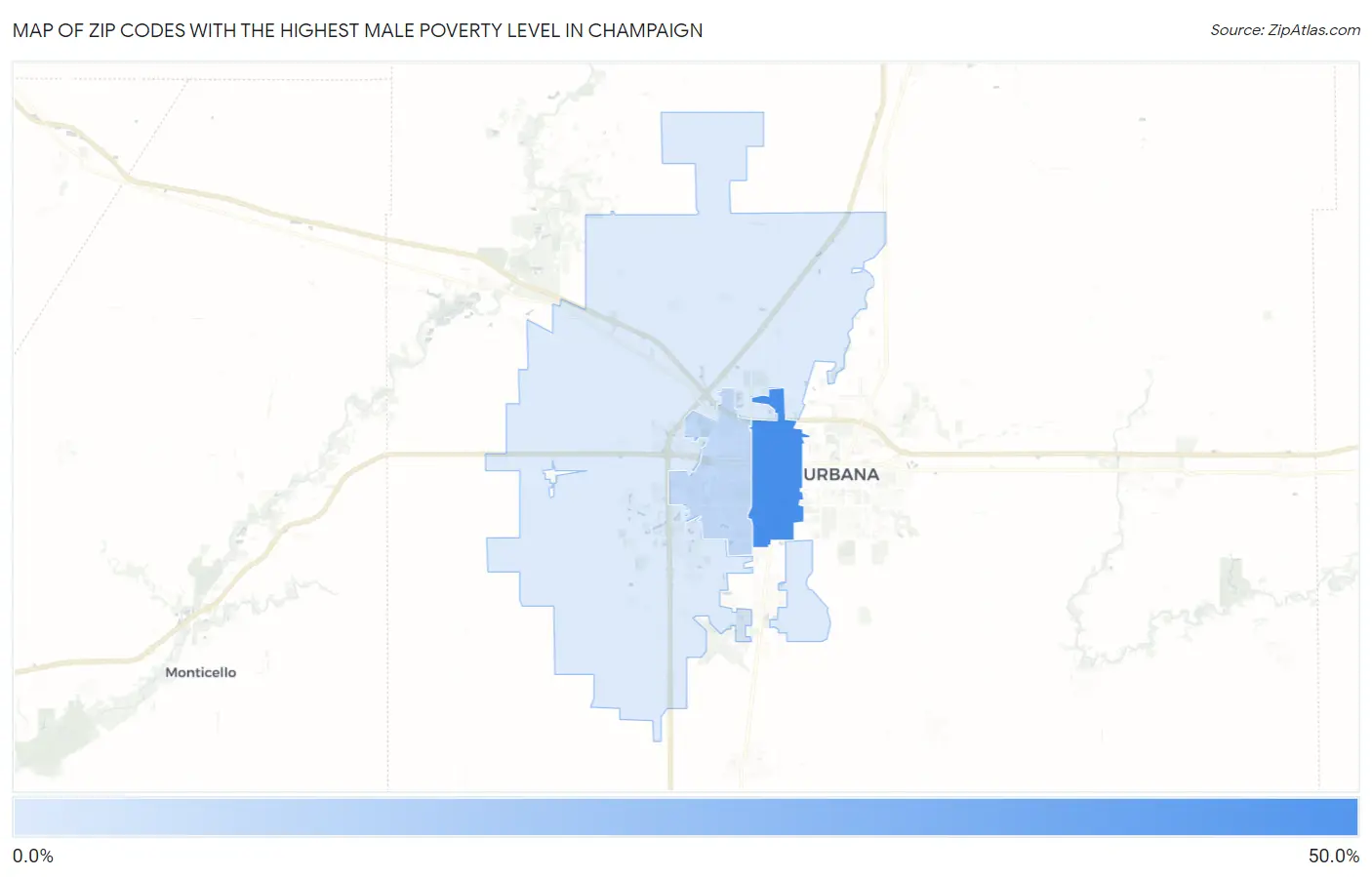 Zip Codes with the Highest Male Poverty Level in Champaign Map