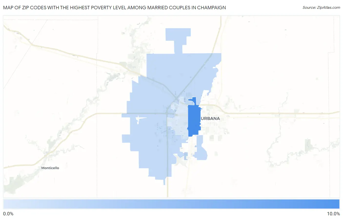 Zip Codes with the Highest Poverty Level Among Married Couples in Champaign Map