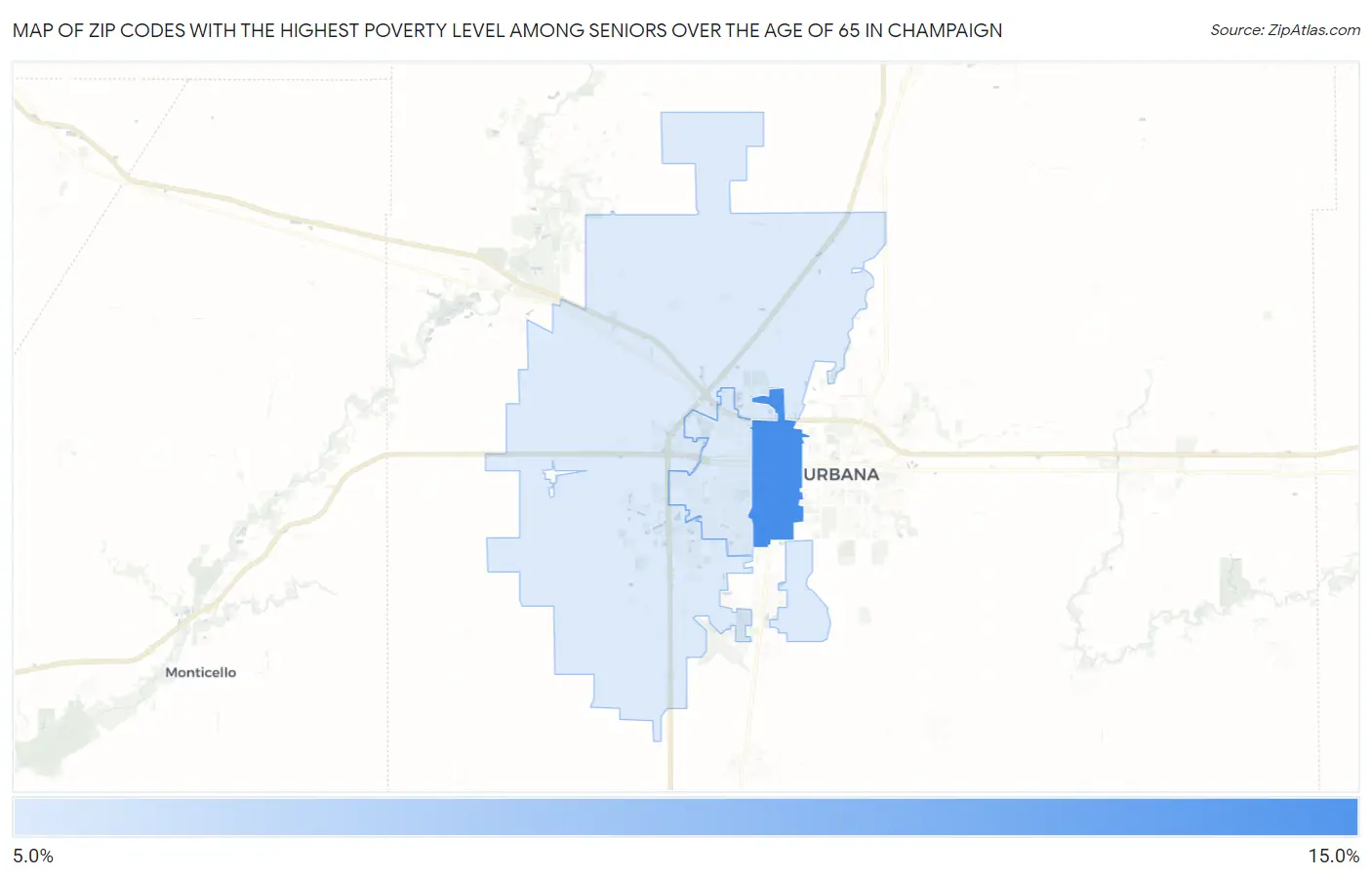 Zip Codes with the Highest Poverty Level Among Seniors Over the Age of 65 in Champaign Map