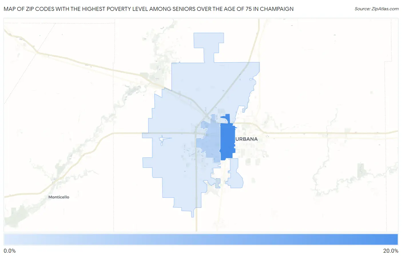 Zip Codes with the Highest Poverty Level Among Seniors Over the Age of 75 in Champaign Map