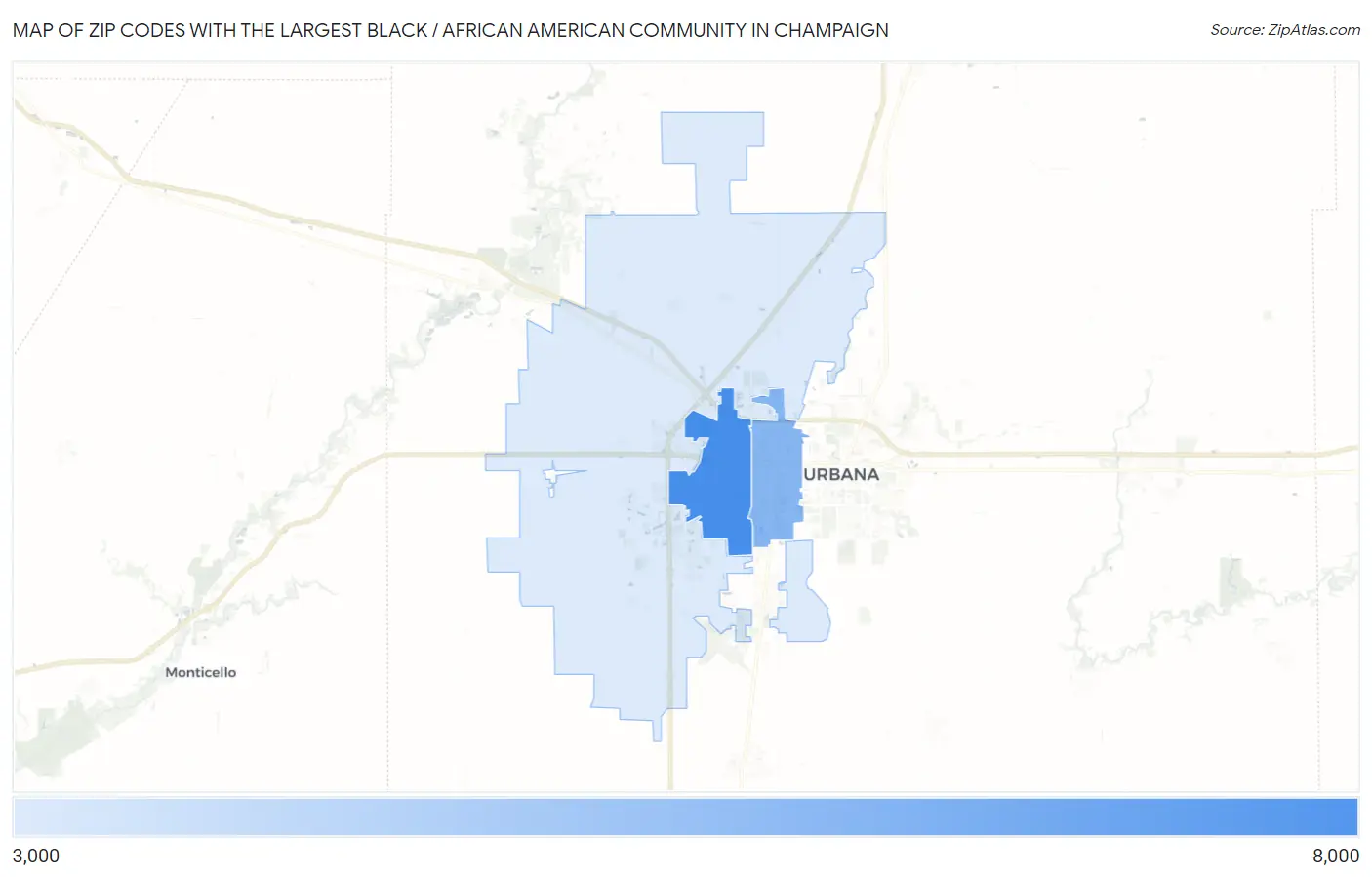 Zip Codes with the Largest Black / African American Community in Champaign Map